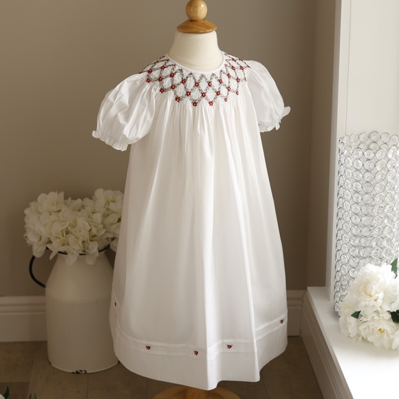 White Smocked Feltman Brothers Bishop Dress Red Green Embroidery NEW With Tag - Picture 1 of 6